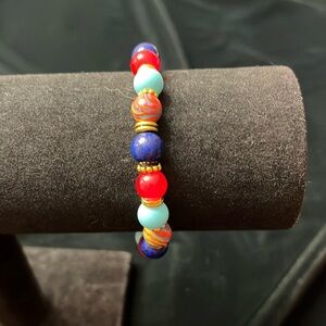 Blue/Red/Tiffany Blue Glass Bead Bracelet W Goldtone Spacers